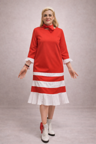 Imbracaminte dama - Rochie dama rosie midi cu insertii plisate albe si funda – vedere completa