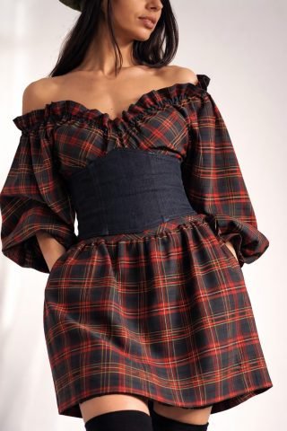 Rochie dama midi in carouri cu corset si decolteu pe umeri – vedere frontala [1]