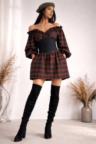 Imbracaminte dama - Rochie dama midi in carouri cu corset si decolteu pe umeri – vedere frontala