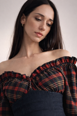 Rochie dama midi in carouri cu corset si decolteu pe umeri – vedere frontala [2]