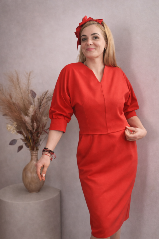 Imbracaminte dama - Rochie dama rosie midi cu talie marcata – vedere completa