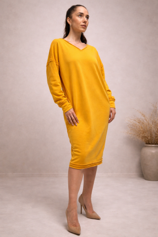 Imbracaminte dama - Rochie dama midi galben mustar oversized cu decolteu V – vedere completa