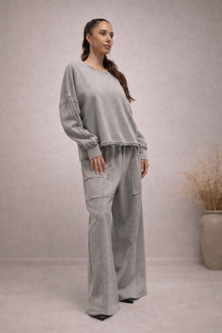 Imbracaminte dama - Set dama gri oversized cu pantaloni palazzo – vedere completa