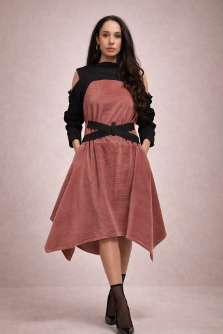 Imbracaminte dama - Rochie dama asimetrica roz pudra cu detalii negre – vedere completa