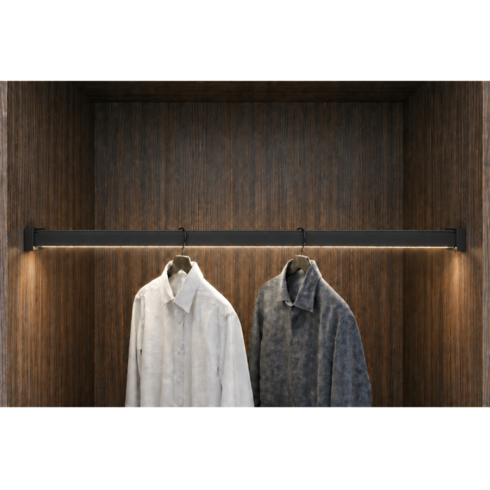 Bară haine rectangulară Adinor, cu profil pentru banda LED, negru mat, aluminiu, 200 cm [2]