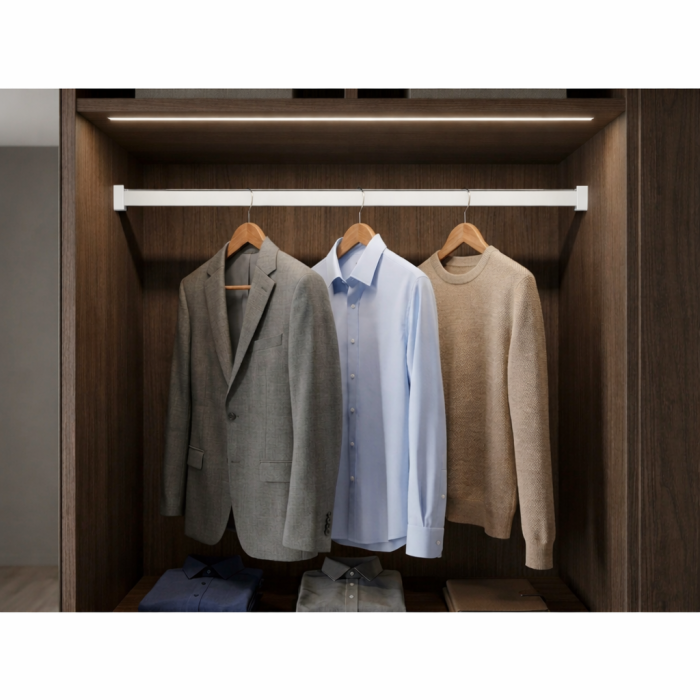 Bară haine rectangulară Adinor, cu suport pentru banda LED, alba, aluminiu, 200 cm [2]