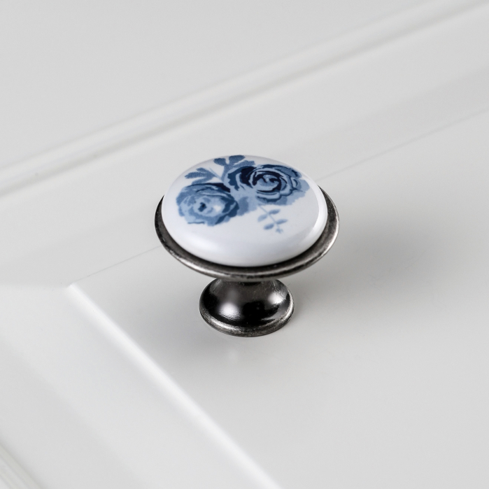 Buton pentru mobilier cu insertie ceramica floare albastra, finisaj argint antichizat GT, D:26.5 mm [2]