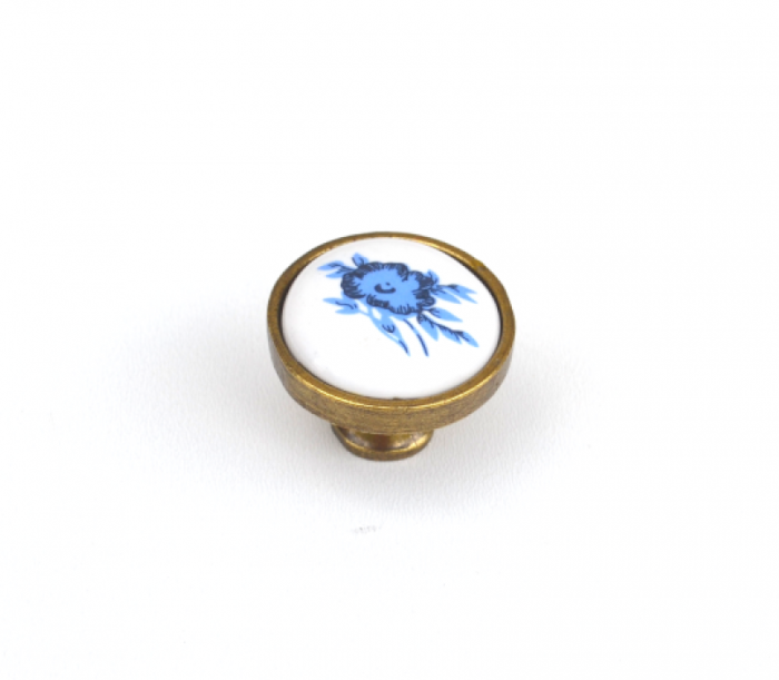 Buton pentru mobilier cu insertie ceramica floare albastra finisaj auriu antichizat [1]