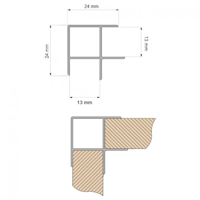 Coltar plinta de 13 mm, model  90°,  pentru mobilier de bucatarie,  finisaj aluminiu periat, H:150 mm [2]