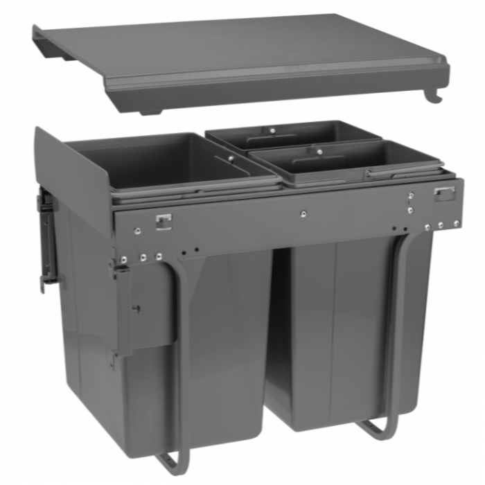 Cos de gunoi cu montaj pe front, Practi Eco incorporabil cu 2 compartimente x 10 L si 1 compartiment x 20 L, pentru corp de 400 mm, gri antracit [1]