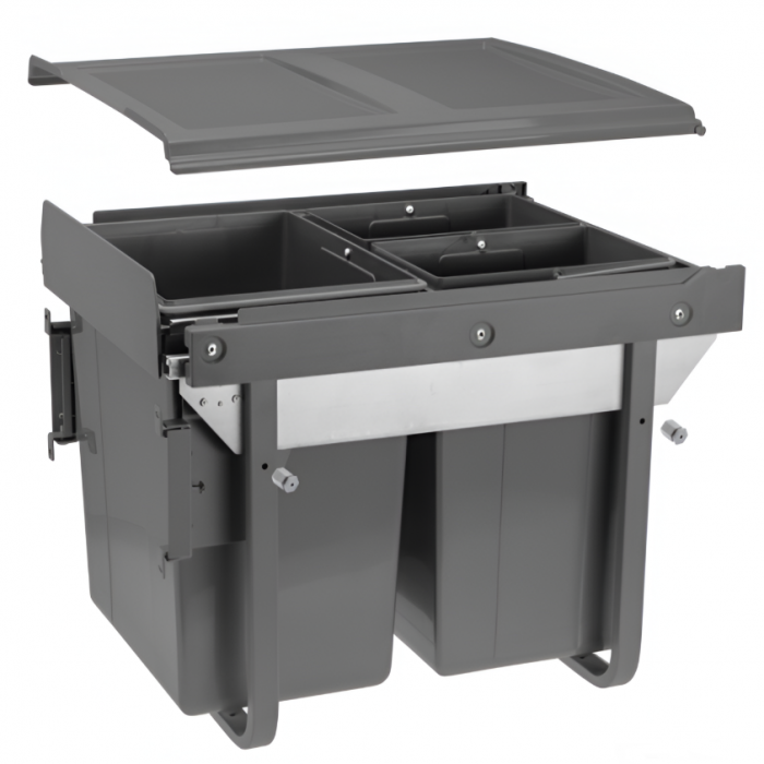Cos de gunoi cu montaj pe front, Practi Eco incorporabil cu 2 compartimente x 10 L si 1 compartiment x 20 L, pentru corp de 450 mm, gri antracit [1]