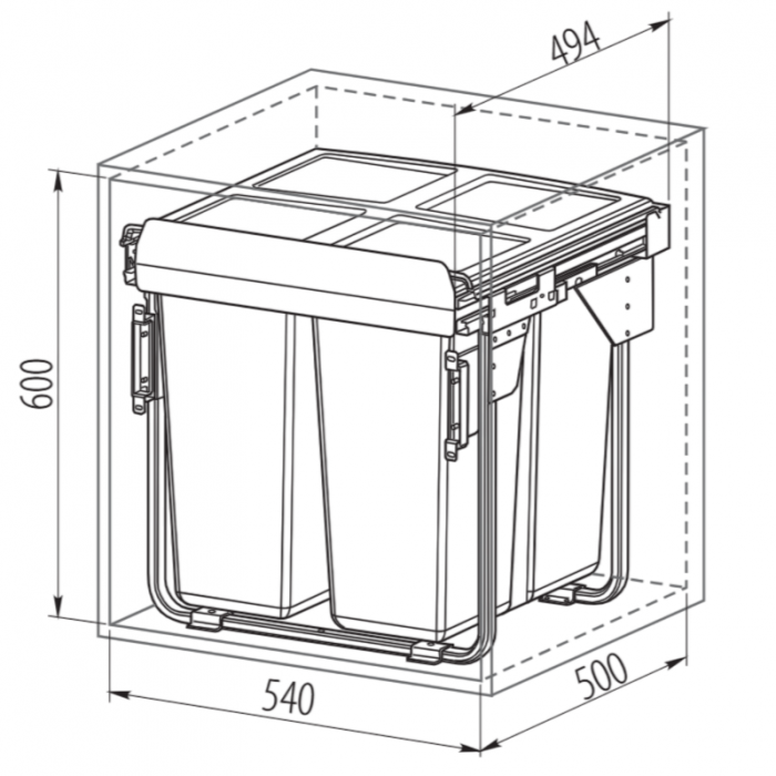 Cos de gunoi cu montaj pe front, Practi Eco incorporabil cu 2 compartimente x 17 L si 1 compartiment x 34 L, pentru corp de 600 mm, gri antracit [2]