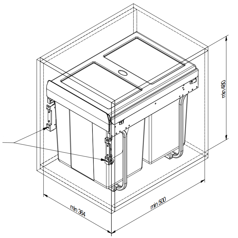 Cos de gunoi cu montaj pe front, Practi Eco incorporabil cu 2 compartimente x 20 L, pentru corp de 400 mm, gri antracit [3]
