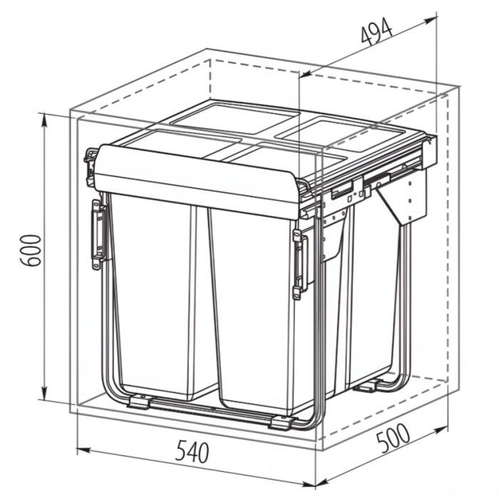 Cos de gunoi cu montaj pe front, Practi Eco incorporabil cu 2 compartimente x 34 L, pentru corp de 600 mm, gri antracit [2]