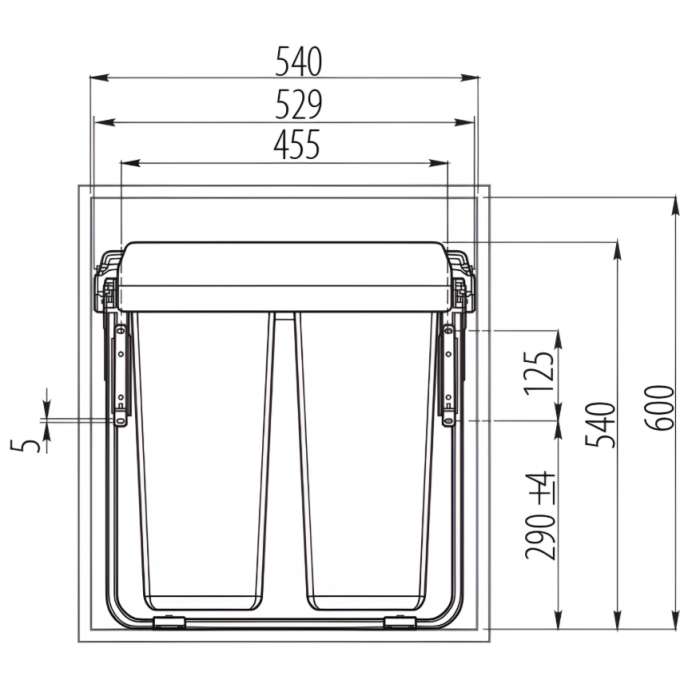 Cos de gunoi cu montaj pe front, Practi Eco incorporabil cu 2 compartimente x 34 L, pentru corp de 600 mm, gri antracit [3]