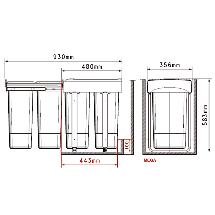 Cos de gunoi Mega 45 incorporabil, colectare selectiva, cu 2 compartimente x26 litri [2]