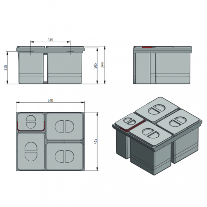 Cos de gunoi Multino New incorporabil in sertar, cu 3 compartimente x 15L si 1 compartiment x 7L, pentru corp de 600 mm [4]