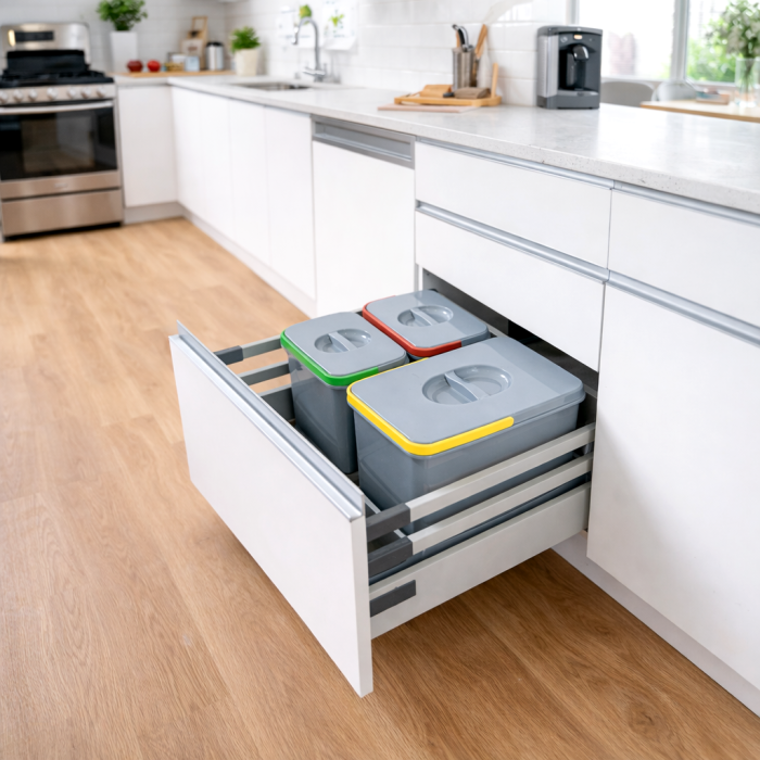 Cos de gunoi Praktico incorporabil in sertar, colectare selectiva, cu 3 recipiente, pentru corp de 600 mm latime H:300mm [3]