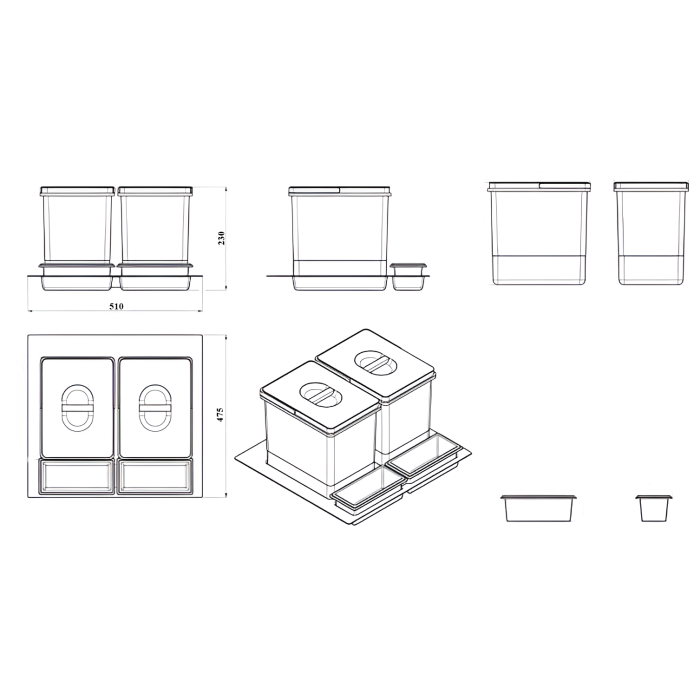 Cos de gunoi Praktico Orion incorporabil in sertar, colectare selectiva, cu 2 recipiente, pentru corp de 600 mm latime, H:230 mm [5]