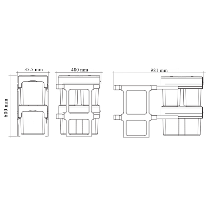 Cos de gunoi Tandem Short incorporabil, colectare selectiva, cu 1 compartiment x 34 litri si 2 compartimente x 12 litri [2]