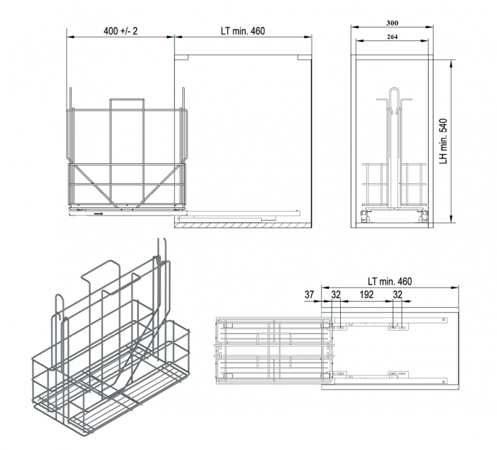 Cos Variant Multi pentru produse de curatare, cu cosuri detasabile si glisiere cu extragere totala, pentru corp de 300 mm, crom [5]