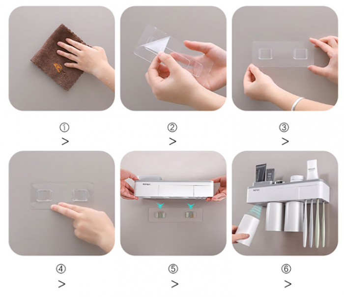 Dozator, dispenser pasta de dinti cu suport multifunctional magnetic pentru 4 pahare, 8 periute si suport telefon mobil de culoare roz cu alb [6]