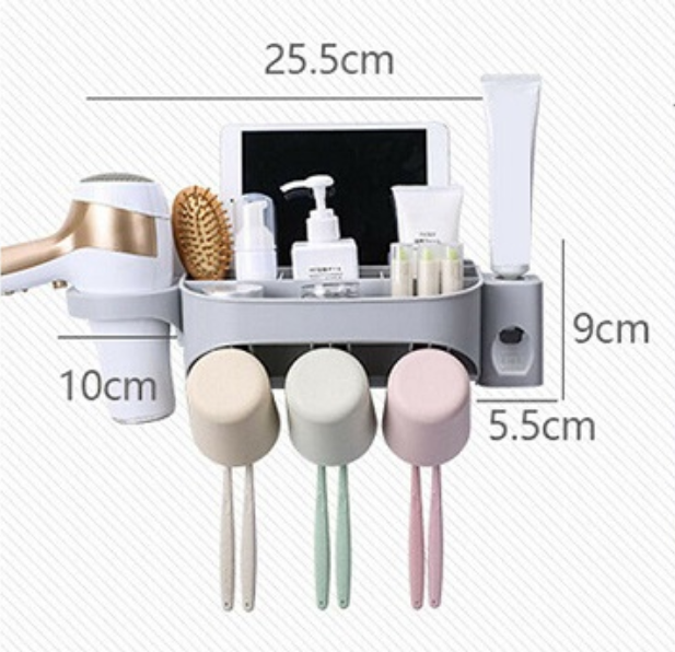 Dozator, dispenser pasta de dinti cu suport multifunctional pentru 3 pahare, 6 periute si uscator de par de culoare gri [2]
