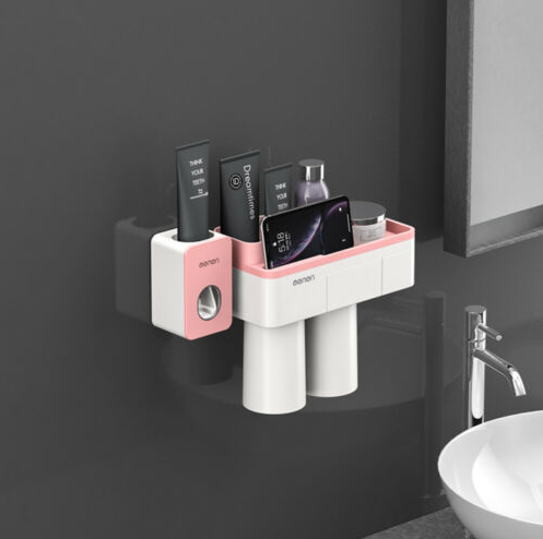 Dozator, dispenser pasta de dinți cu suport multifunctional magnetic pentru 2 pahare, 4 periute si suport telefon mobil de culoare roz cu alb [1]