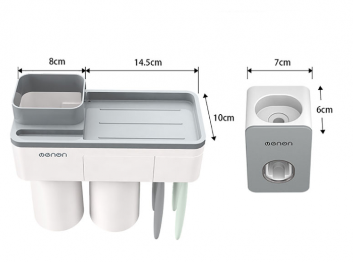 Dozator, dispenser pasta de dinți cu suport multifunctional magnetic pentru 2 pahare, 4 periute si suport telefon mobil de culoare roz cu alb [2]