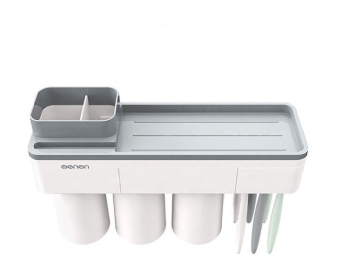 Dozator, dispenser pasta de dinti cu suport multifunctional magnetic pentru 3 pahare, 6 periute si suport telefon mobil de culoare gri cu alb [1]