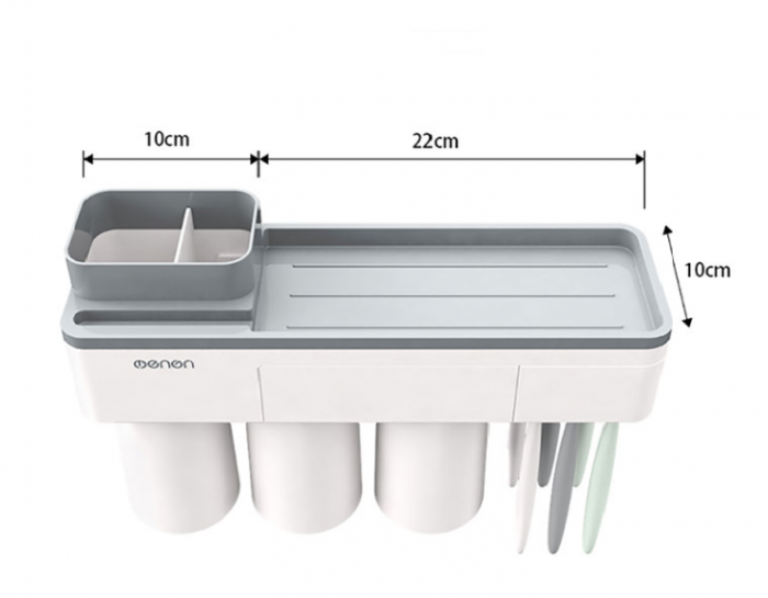 Dozator, dispenser pasta de dinti cu suport multifunctional magnetic pentru 3 pahare, 6 periute si suport telefon mobil de culoare gri cu alb [2]