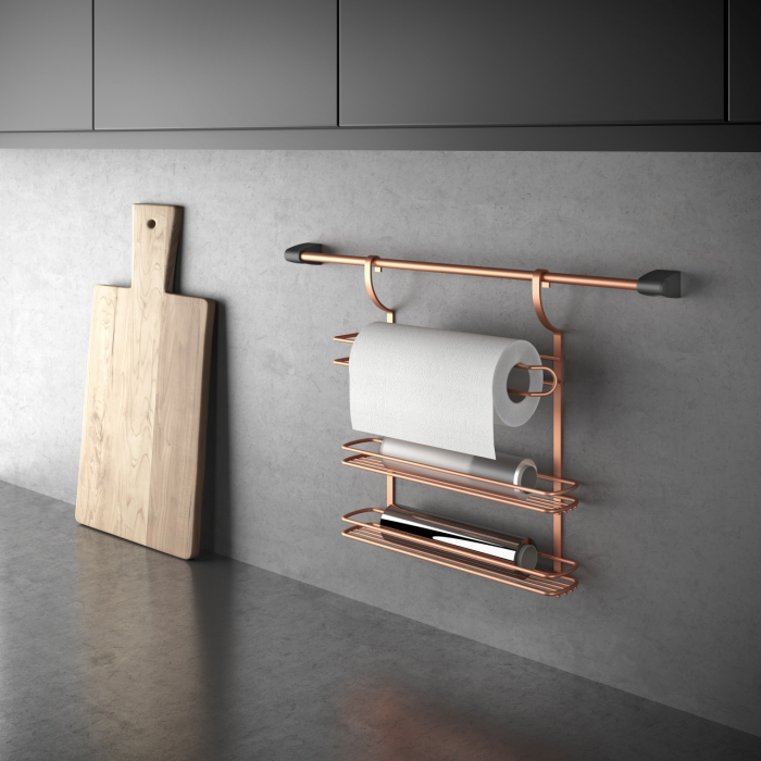 Etajera cu doua rafturi si suport rola de bucatarie City Copper, finisaj cupru 35 x 8 x 38 cm [2]