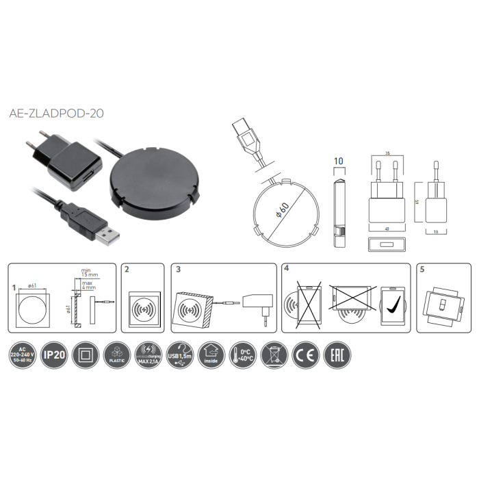 Incarcator wireless, ascuns sub blat, cablu 2 m, negru [5]