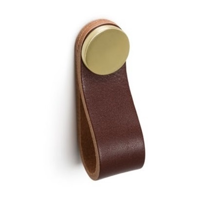Maner, buton Flexa din piele maro pentru mobilier, cu ornament finisaj alama, L: 70 mm [1]