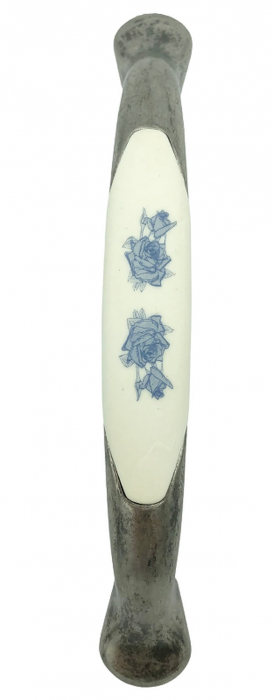Maner pentru mobila cu insertie rasina floare albastra, finisaj argint oxidat, 128 mm [2]