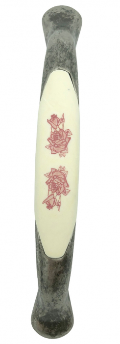 Maner pentru mobila cu insertie rasina floare rosie, finisaj argint oxidat, 128 mm [2]