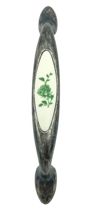 Maner pentru mobila cu insertie rasina floare verde, finisaj argint oxidat, 96 mm [2]