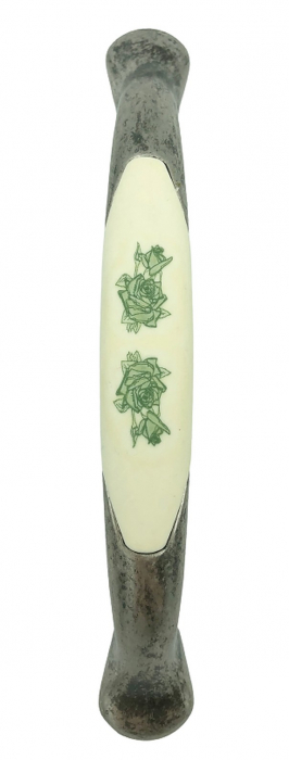 Maner pentru mobila cu insertie rasina floare verde, finisaj argint oxidat, 128 mm [2]