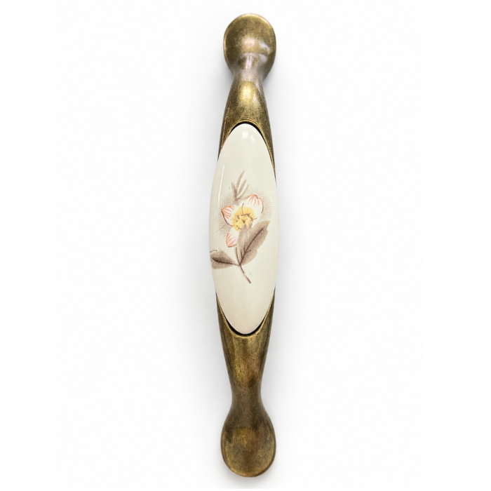 Maner vintage cu insertie ceramica floare cu frunza, finisaj auriu antichizat, L:125 mm [2]
