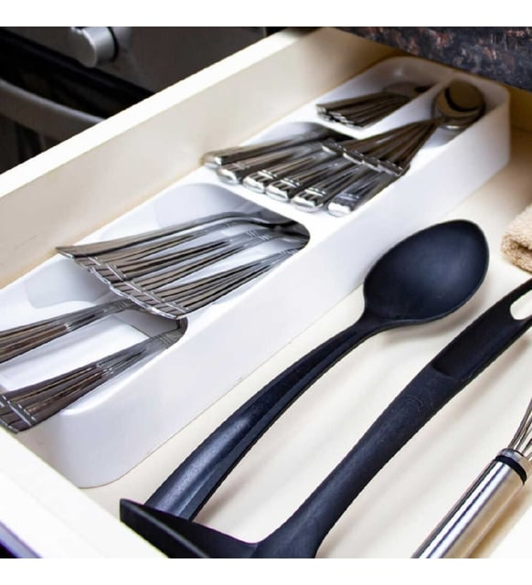Organizator compact pentru tacamuri cu 5 compartimente, alb, 39×11.2×5.2 cm [3]