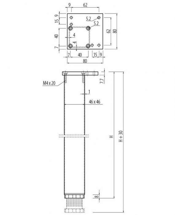 Picior din aluminiu cu profil patrat 46x46 mm, finisaj aluminiu, pentru masa, H:820 mm [3]