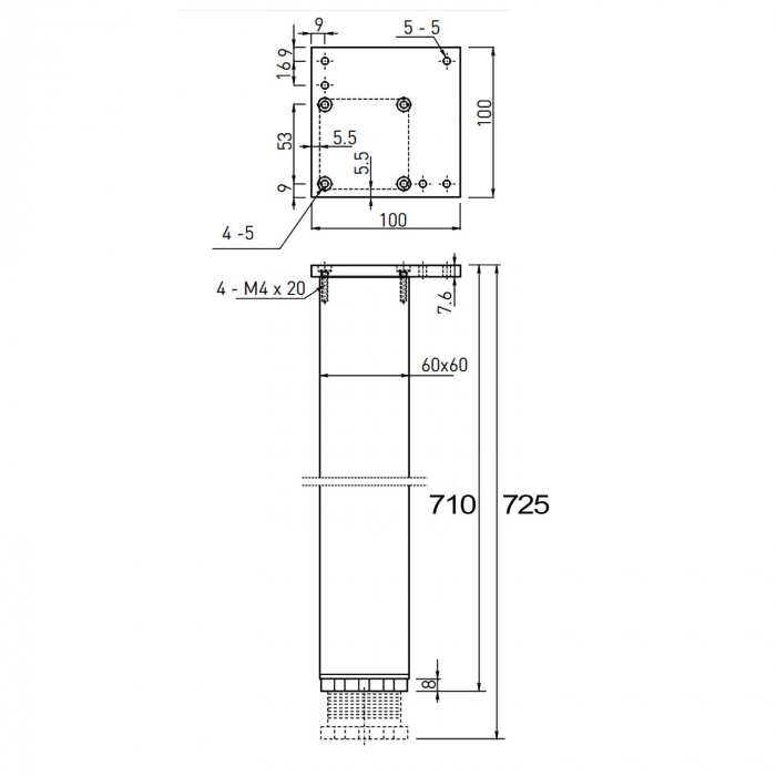 Picior cu profil patrat 60x60 mm, finisaj negru, pentru masa, H:710 mm [2]