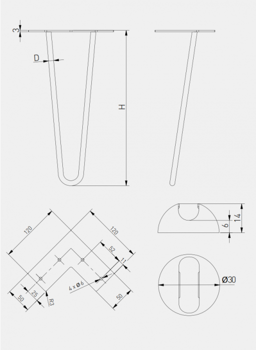 Picior de masa Arto Ø12 mm, finisaj negru mat, H:711 mm, set 4 bucati [3]