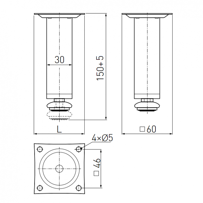 Picior reglabil pentru mobilier, finisaj crom lucios GT, H:100 mm [2]