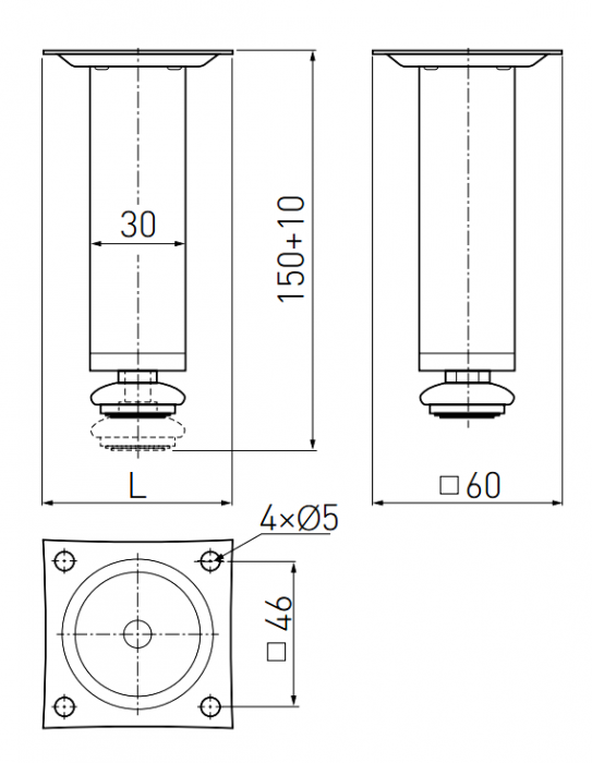 Picior reglabil pentru mobilier, finisaj crom lucios GT, H:150 mm [2]