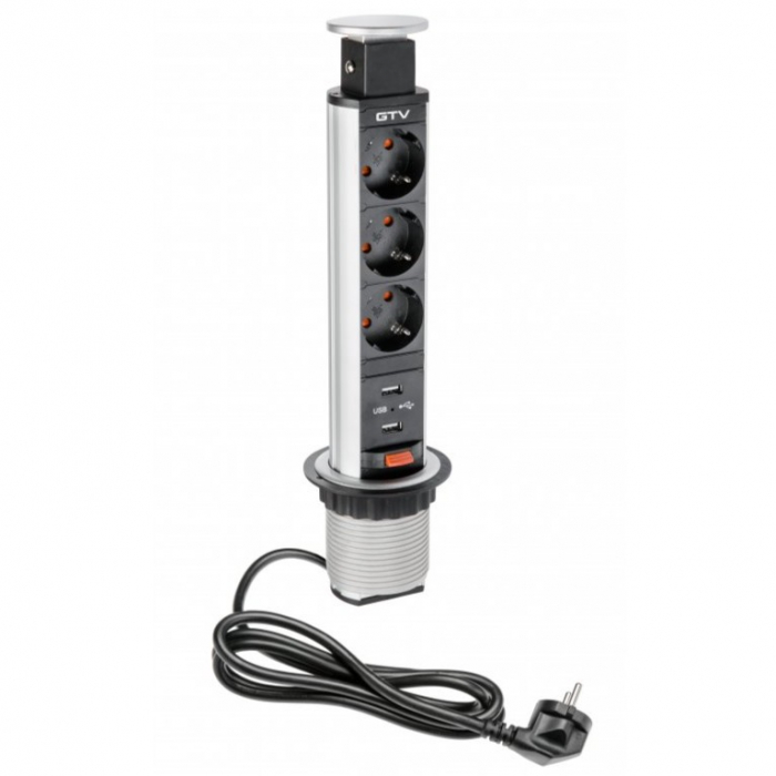 Priza incorporabila elevator GTV, D:60 mm, cu 3 prize Schuko si 2 porturi incarcare USB tip A, finisaj aluminiu [1]