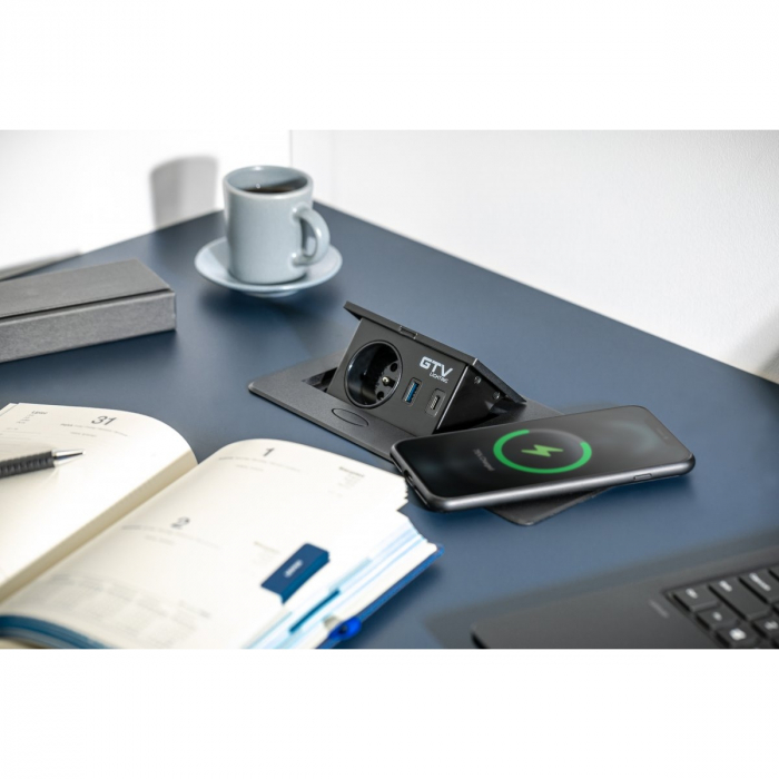 Priza incorporabila in blat Avaro Plus, cu incarcator wireless, o priza Schuko si port incarcare USB A+C, finisaj alb [3]