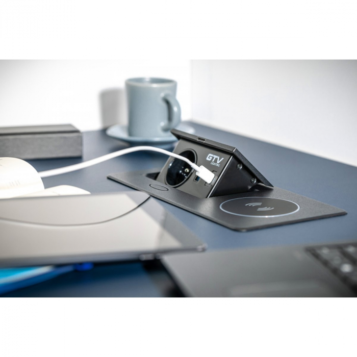 Priza incorporabila in blat Avaro Plus, cu incarcator wireless, o priza Schuko si port incarcare USB A+C, finisaj aluminiu [2]