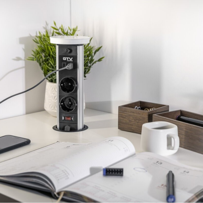Priză încorporabilă în blat Camino GTV, încărcător wireless 10W, 2 prize Schuko, USB A + C, negru, D:80 mm [4]