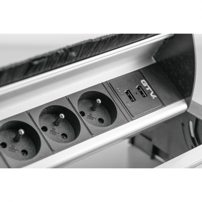 Priza incorporabila in blat dreptunghiulara cu perii, 3 prize Schuko si 2 porturi incarcare USB tip A, finisaj aluminiu [4]